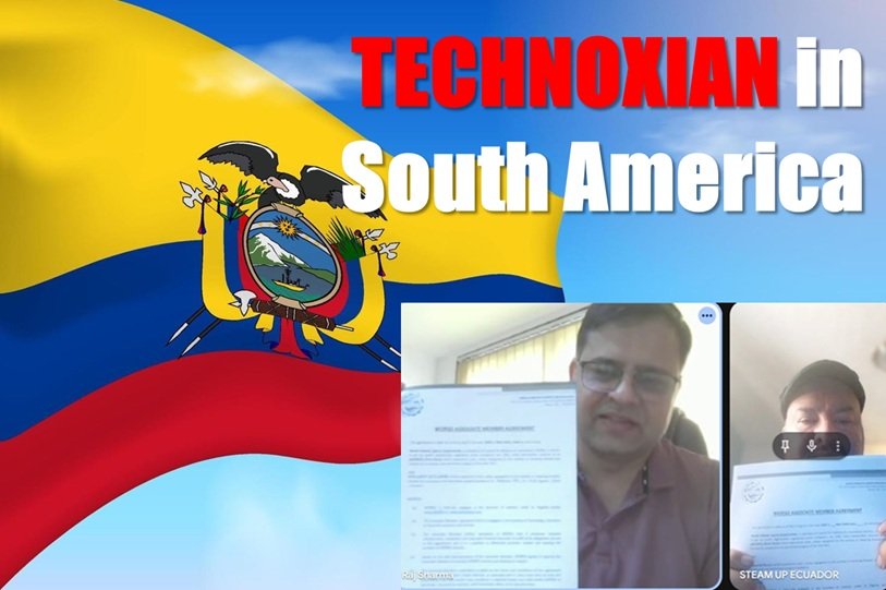 Officials from WORSO and STEAMUP Ecuador signing an agreement to introduce Technoxian robotics championships in Ecuador, enabling local teams to compete globally.