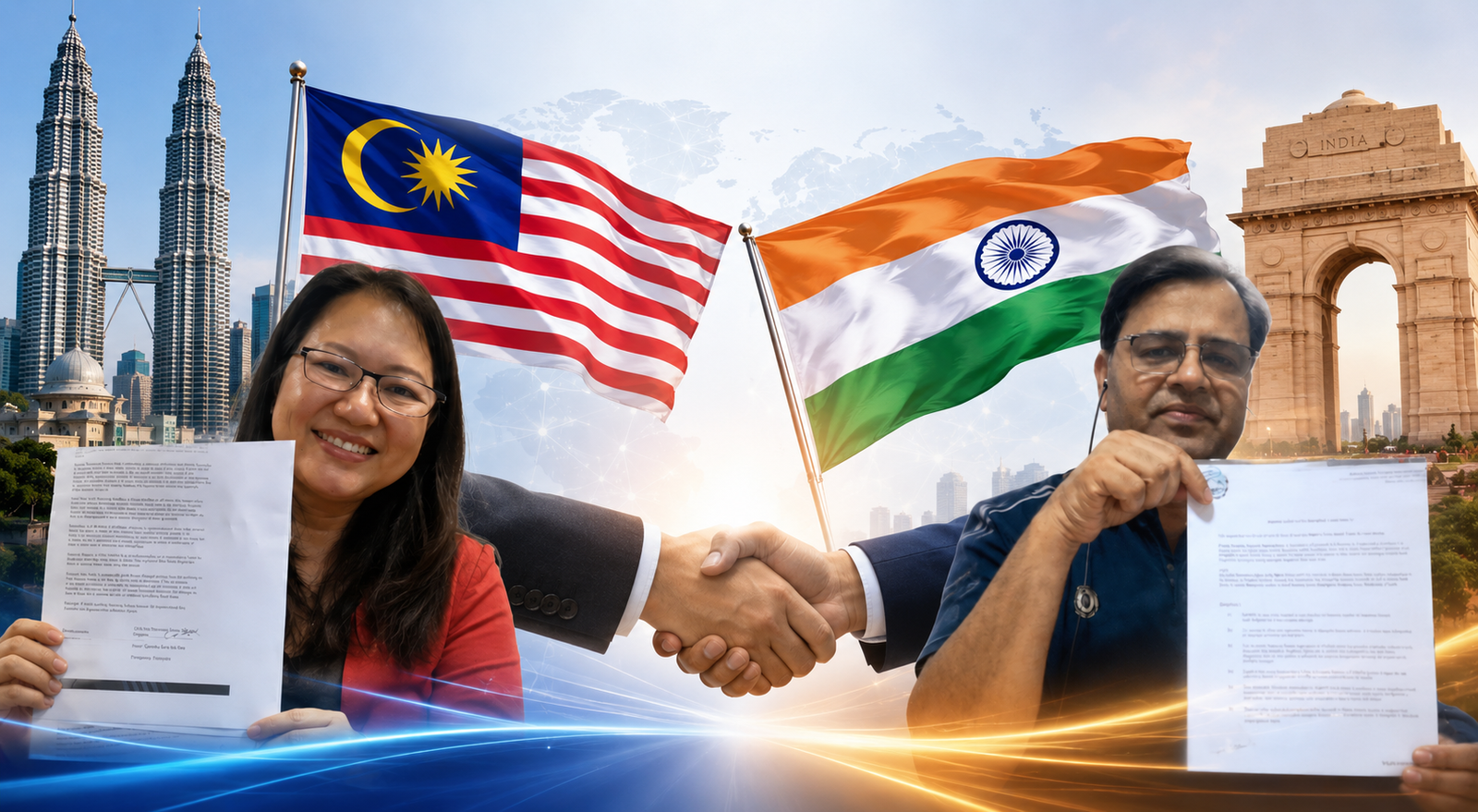 Camila Lau Lih Yan, Director of Be STEM Ready, and Raj Sharma of WORSO celebrate a strategic partnership between Malaysia and India, symbolizing collaboration in robotics, STEM education, and TechnoXian programs with the national flags of both countries in the background.