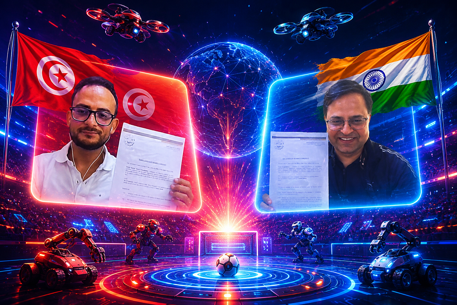 Virtual agreement signing between WORSO President Raj Sharma and Ghassen Mansour of Ste El Manahel, marking Tunisia's partnership with WORSO for Technoxian and national robotics initiatives.