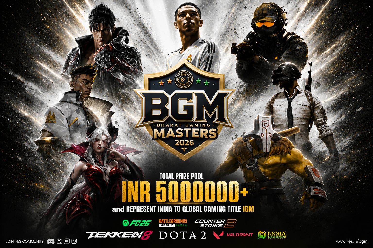 Promotional poster of Bharat Gaming Masters (BGM) 2026 featuring top esports titles including Valorant, Counter-Strike 2, DOTA 2, BGMI, Tekken 8, FC 26, and MOBA Legends, with an INR 50 lakh prize pool and a pathway to represent India at the International Gaming Masters