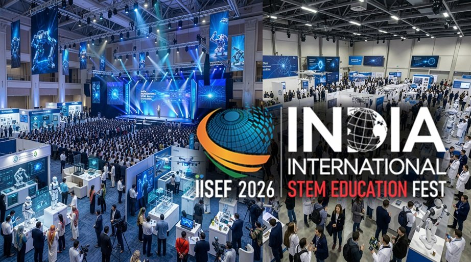 A large international STEM exhibition and conference featuring robotics, artificial intelligence, education technologies, innovation showcases, keynote sessions, exhibitors, educators, students, and industry leaders inside a modern convention center.