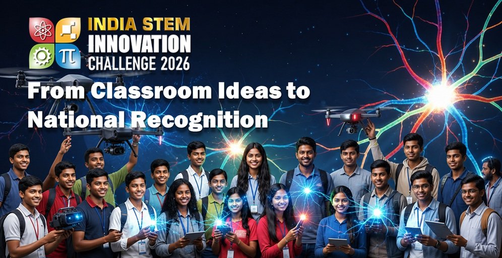A futuristic promotional image featuring a diverse group of Indian students showcasing STEM innovation with drones, robotics, AI-inspired visuals, and digital technology effects, representing the India STEM Innovation Challenge 2026 organized by AICRA.
