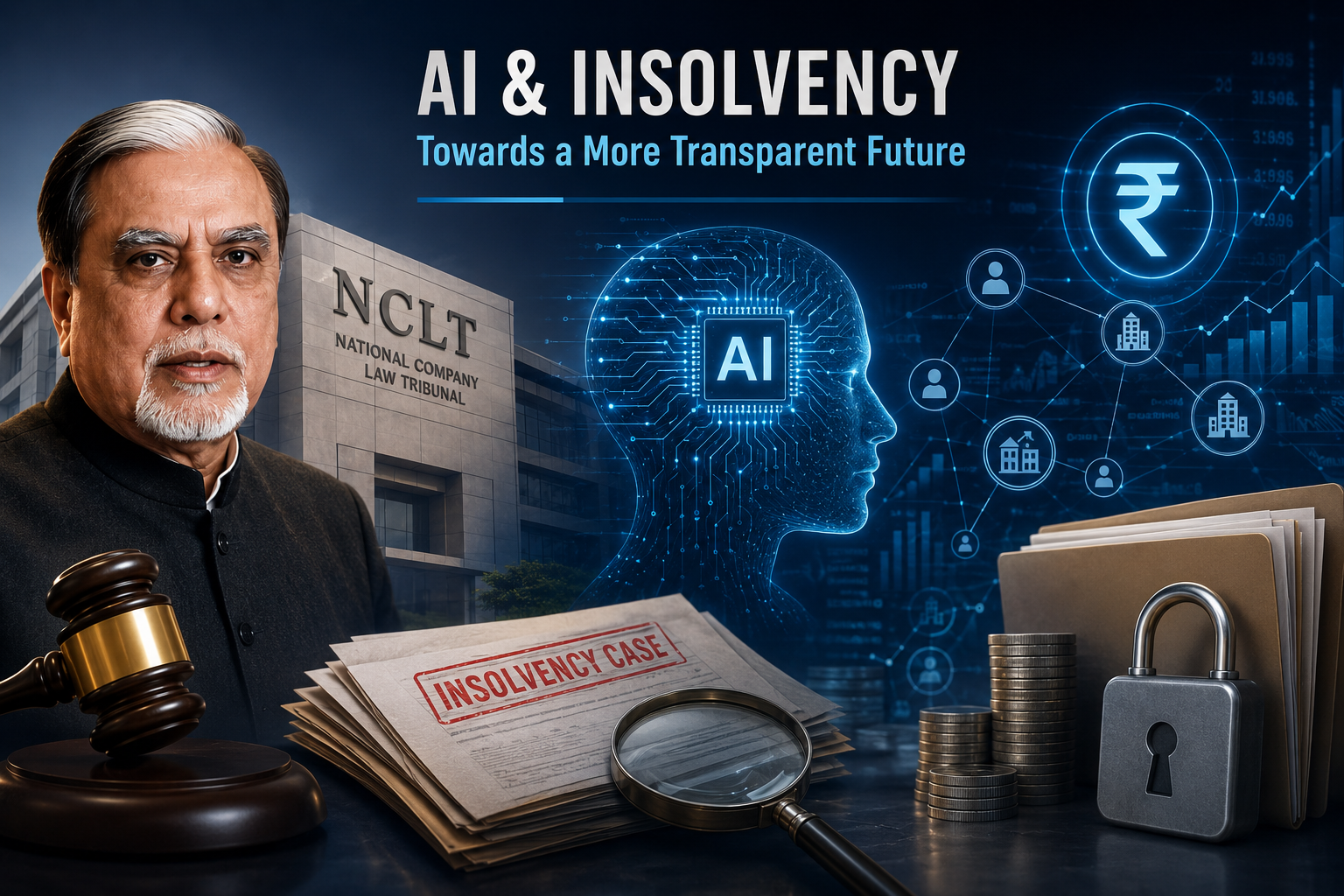 Editorial illustration showing a courthouse labeled NCLT, a judge’s gavel, a businessman, an AI-powered digital head, financial symbols, legal documents, and folders representing the role of artificial intelligence in improving transparency and analysis in complex insolvency cases.