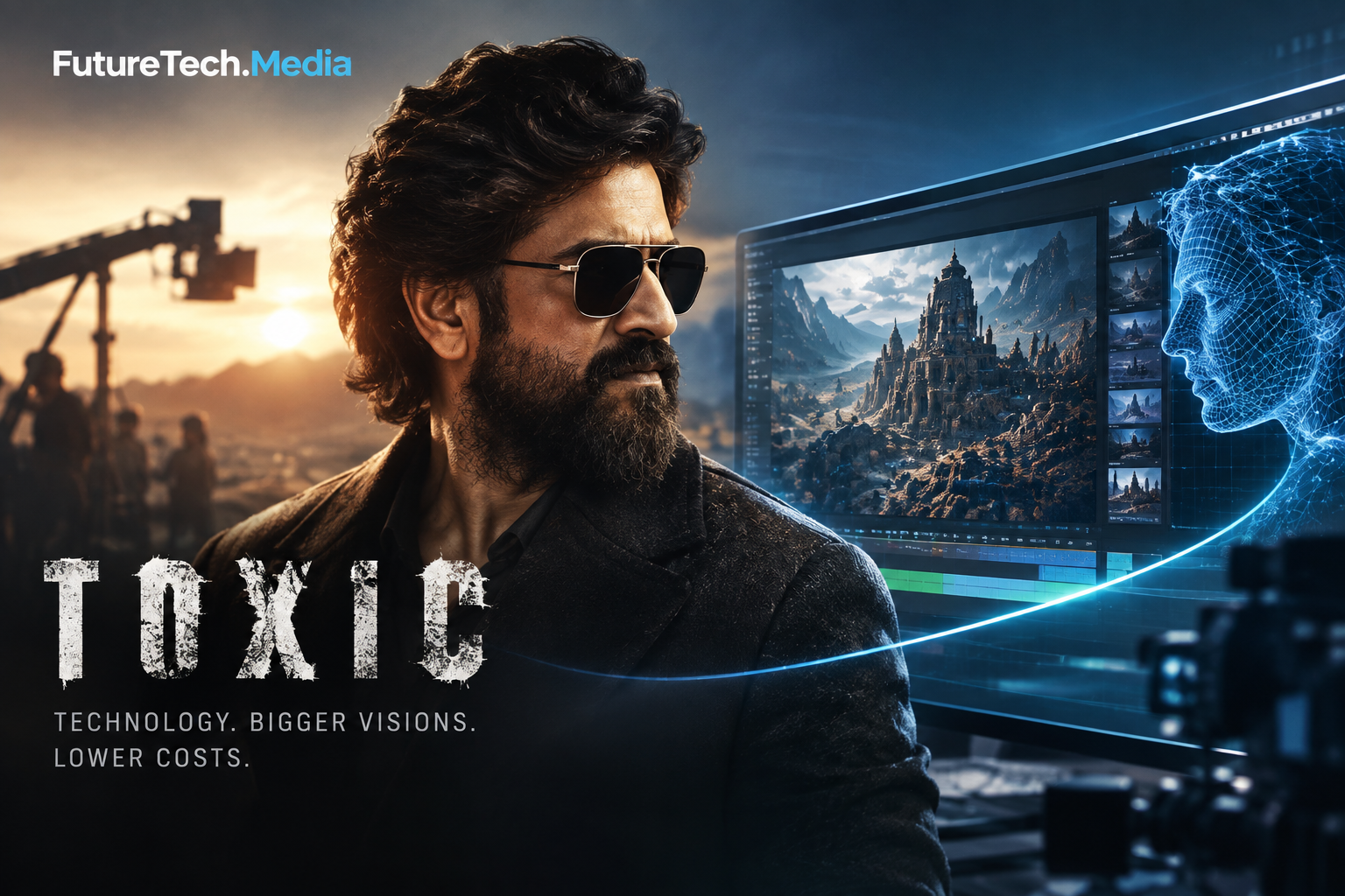 Cinematic image of Yash from Toxic alongside AI-powered visual effects, digital environments and filmmaking technology, representing the changing economics of movie production.