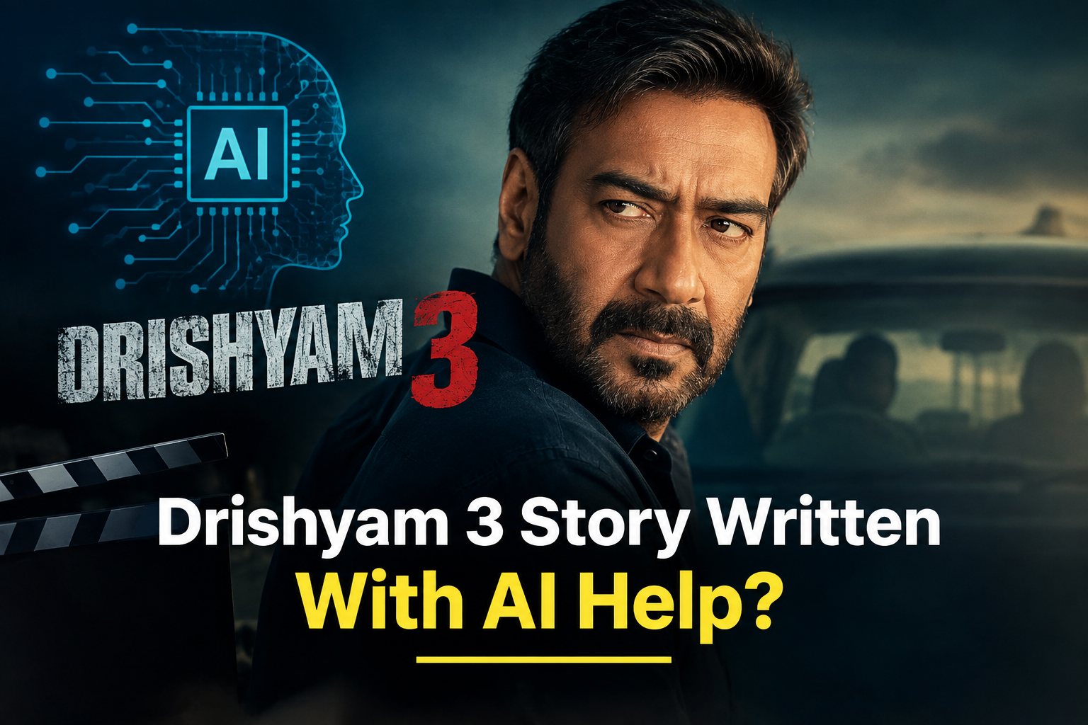 Ajay Devgn in a Drishyam 3 themed news graphic featuring artificial intelligence and the question of AI-assisted storytelling